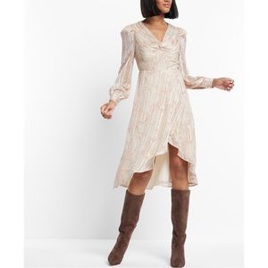 EXPRESS Satin Snakeskin Print V-Neck Puff Shoulders Twist Hi-Lo Midi Dress